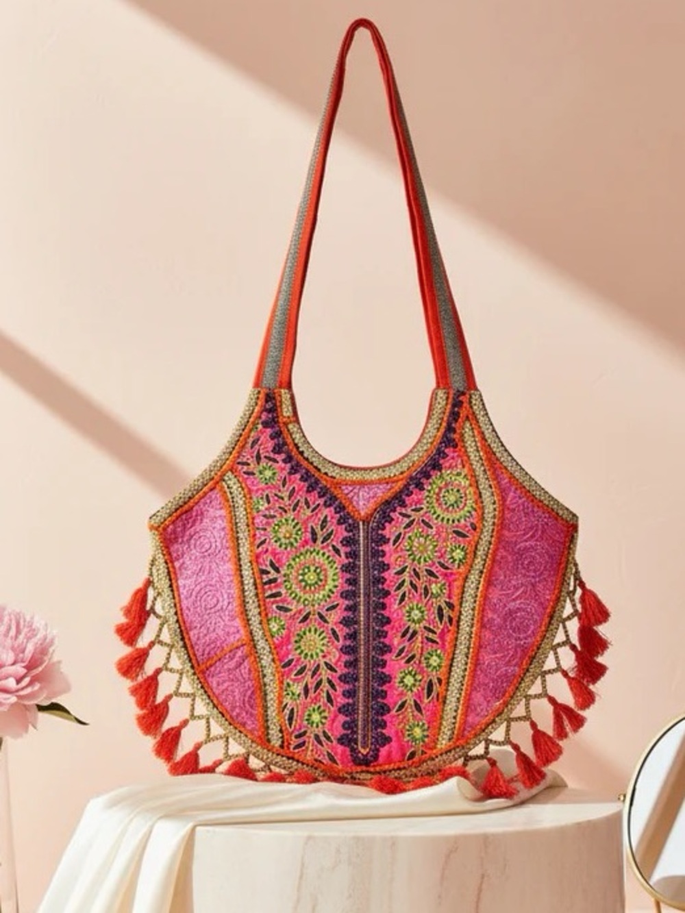 Handcrafted Embroidery Beaded Banjara Boho Shoulder Bag Pink
